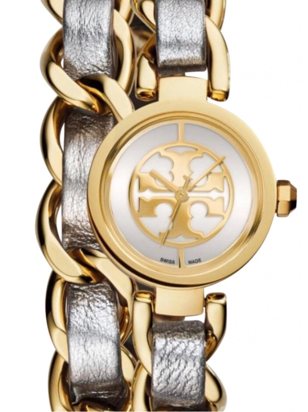 BNWT Tory Burch MINI REVA leather strap wrap Gold & Silver Chain-Link Wrap Watch